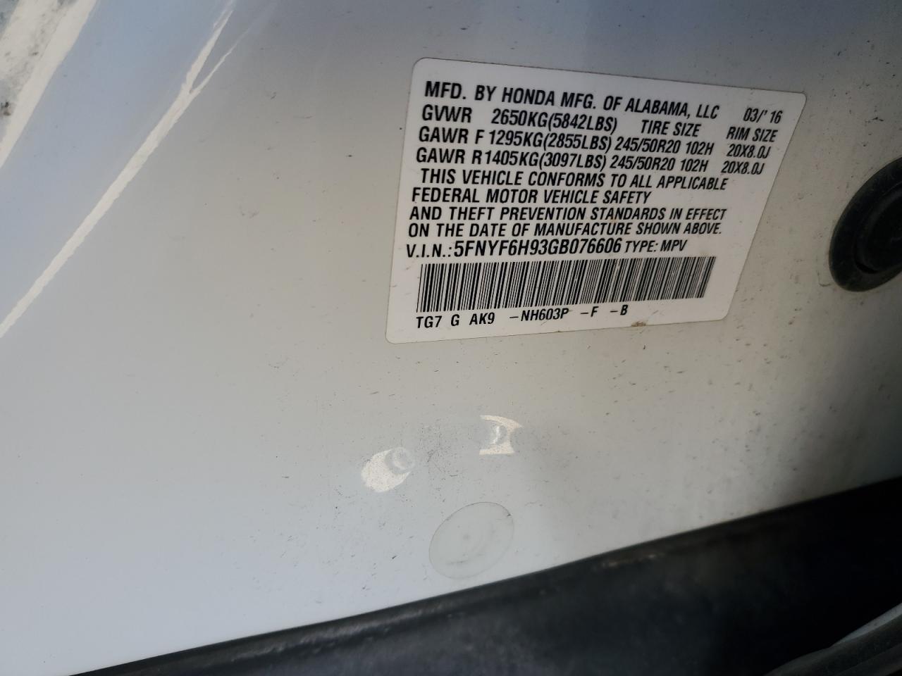 2016 Honda Pilot Touring VIN: 5FNYF6H93GB076606 Lot: 91091755