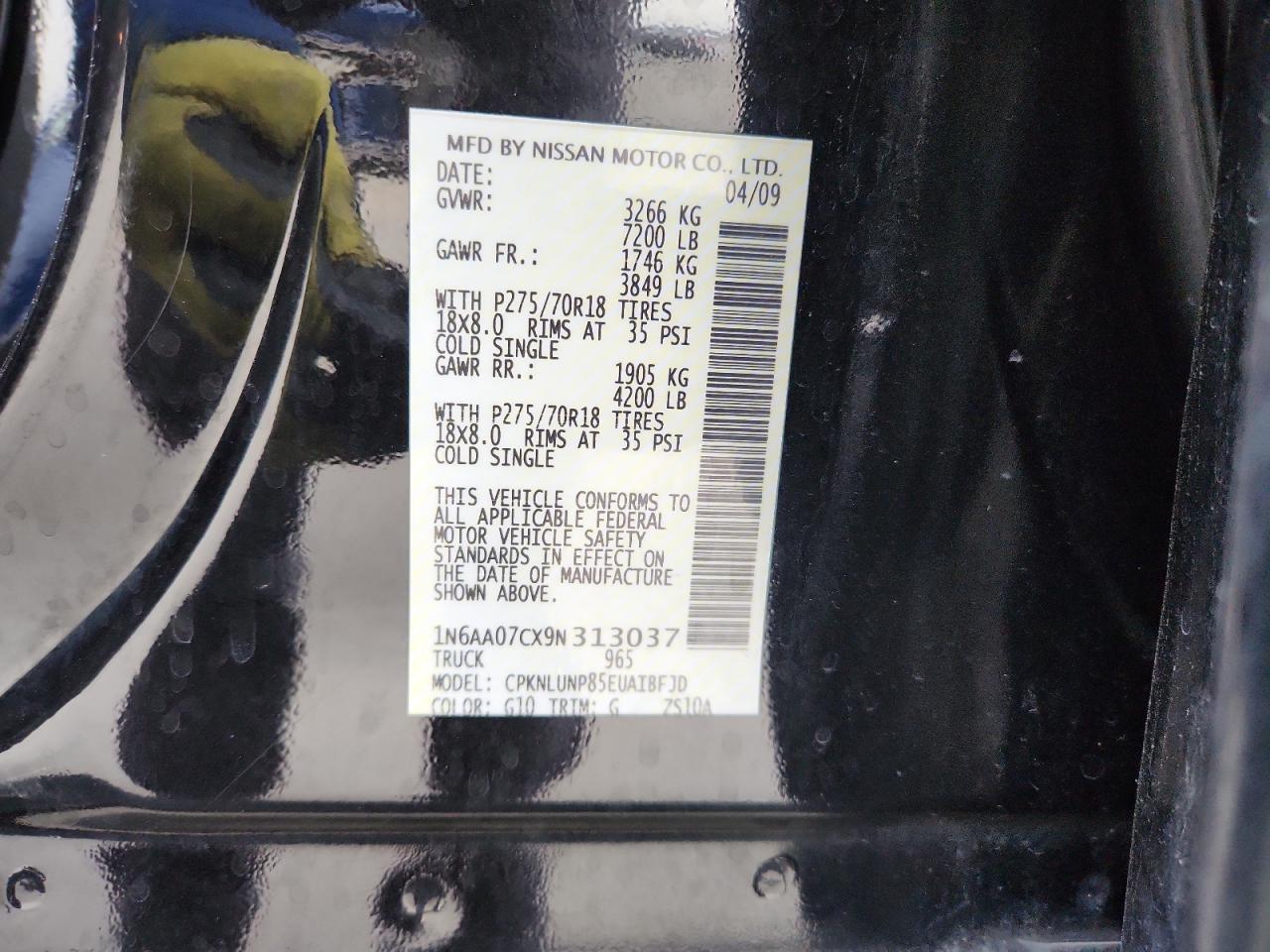 2009 Nissan Titan Xe VIN: 1N6AA07CX9N313037 Lot: 91117235