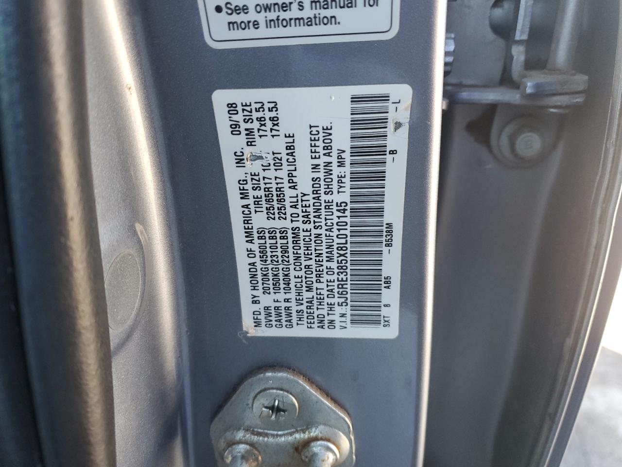 2008 Honda Cr-V Ex VIN: 5J6RE385X8L010145 Lot: 92464565