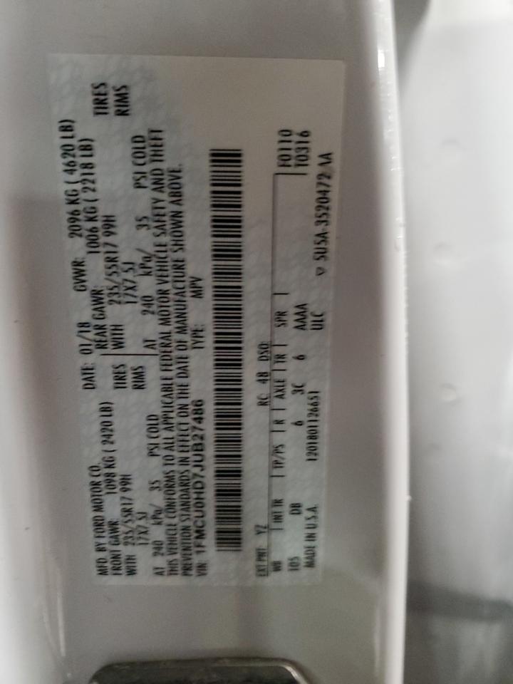 2018 Ford Escape Sel VIN: 1FMCU0HD7JUB27486 Lot: 91589595