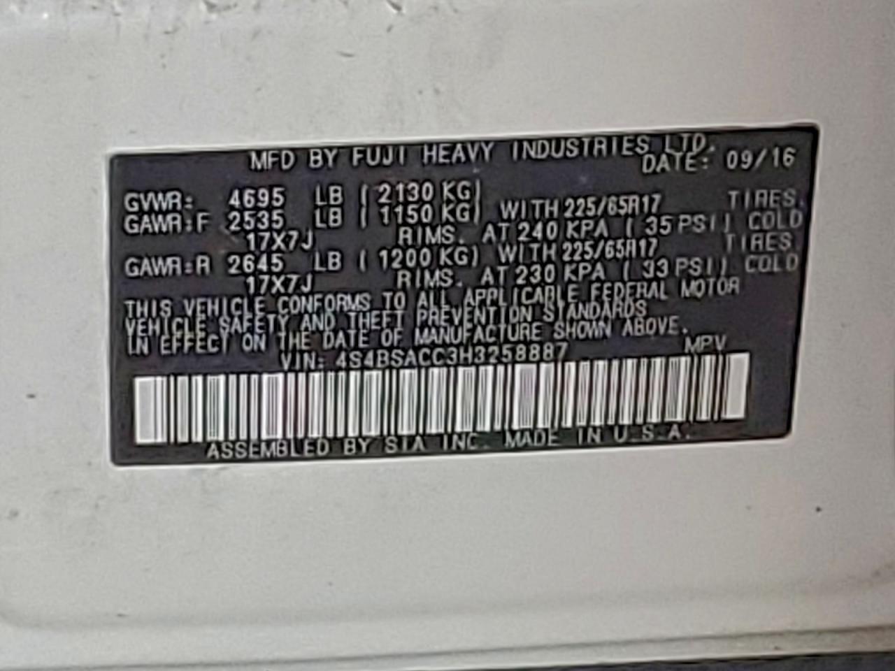 2017 Subaru Outback 2.5I Premium VIN: 4S4BSACC3H3258887 Lot: 93750655