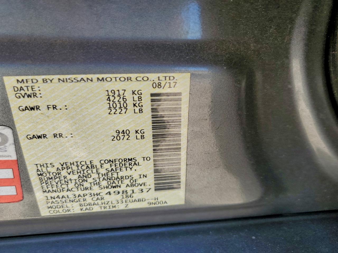 2017 Nissan Altima 2.5 VIN: 1N4AL3AP3HC498137 Lot: 94133785