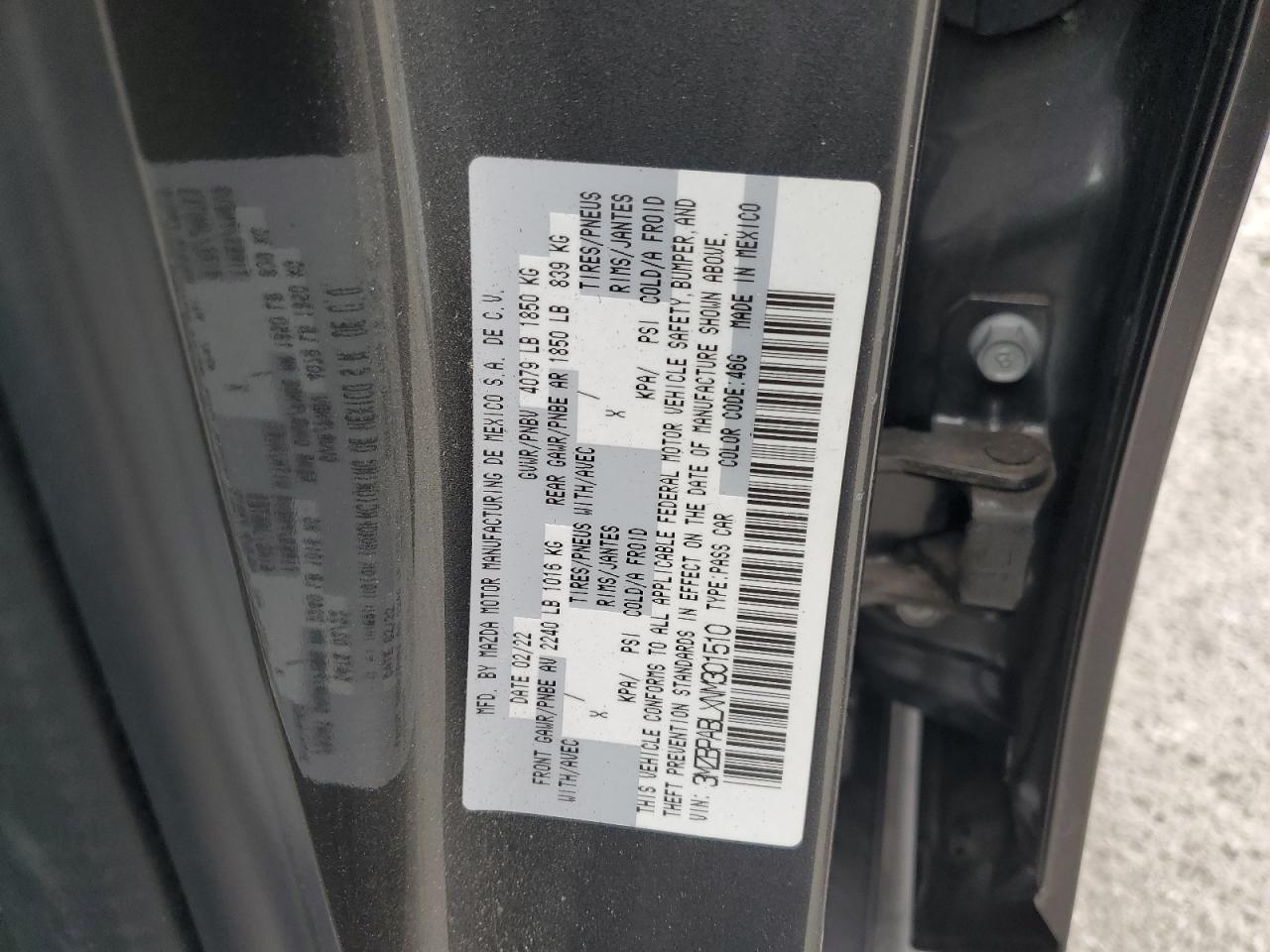 2022 Mazda 3 Select VIN: 3MZBPABLXNM301510 Lot: 91697155