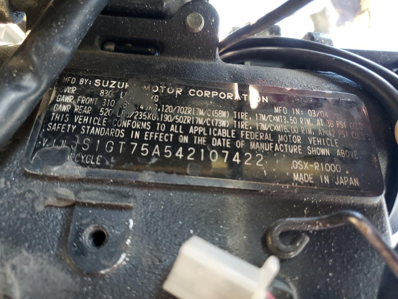 2004 Suzuki Gsx-R1000 VIN: JS1GT75A542107422 Lot: 91478465