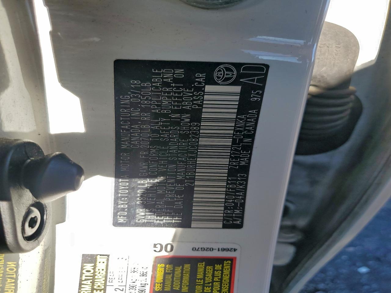 2018 Toyota Corolla L VIN: 2T1BURHEXJC082389 Lot: 93802425