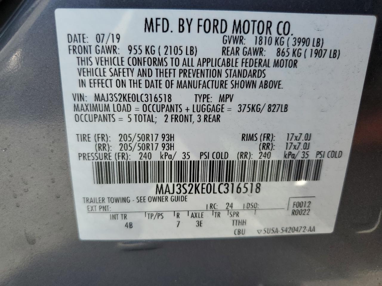 2020 Ford Ecosport Titanium VIN: MAJ3S2KE0LC316518 Lot: 93536055