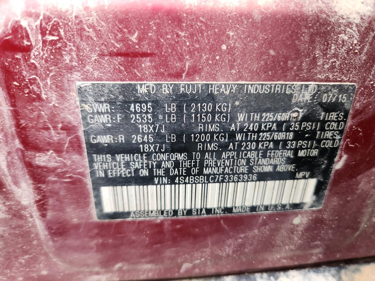 2015 Subaru Outback 2.5I Limited VIN: 4S4BSBLC7F3363936 Lot: 93297165