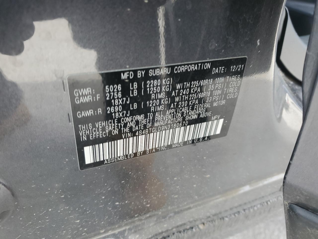 2022 Subaru Outback Onyx Edition Xt VIN: 4S4BTGLD9N3180670 Lot: 92276665