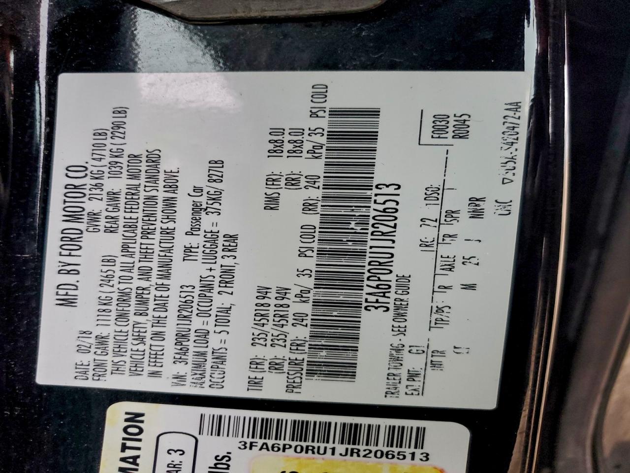 2018 Ford Fusion Titanium/Platinum Hev VIN: 3FA6P0RU1JR206513 Lot: 94254755