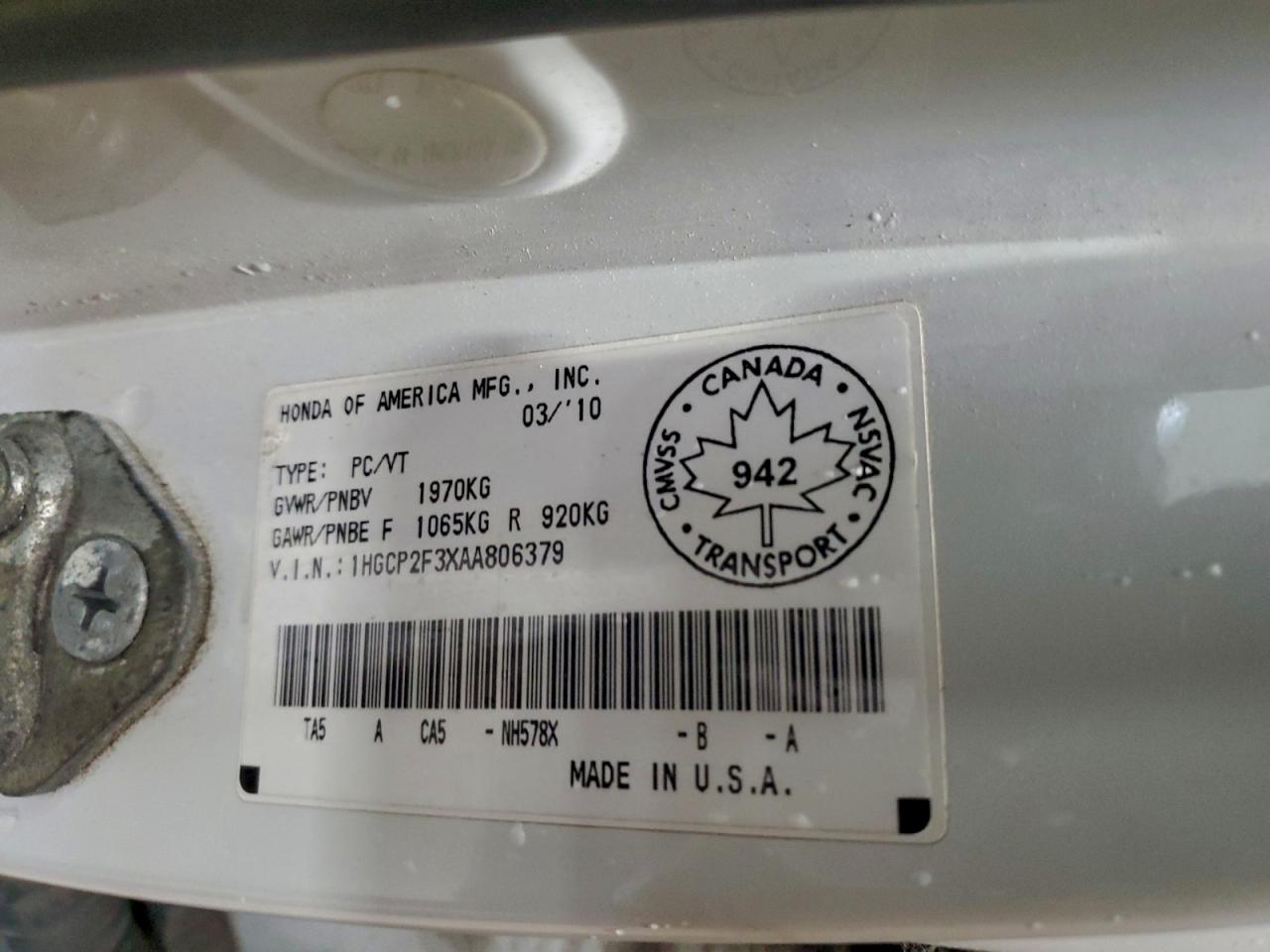 2010 Honda Accord Lx VIN: 1HGCP2F3XAA806379 Lot: 89897915