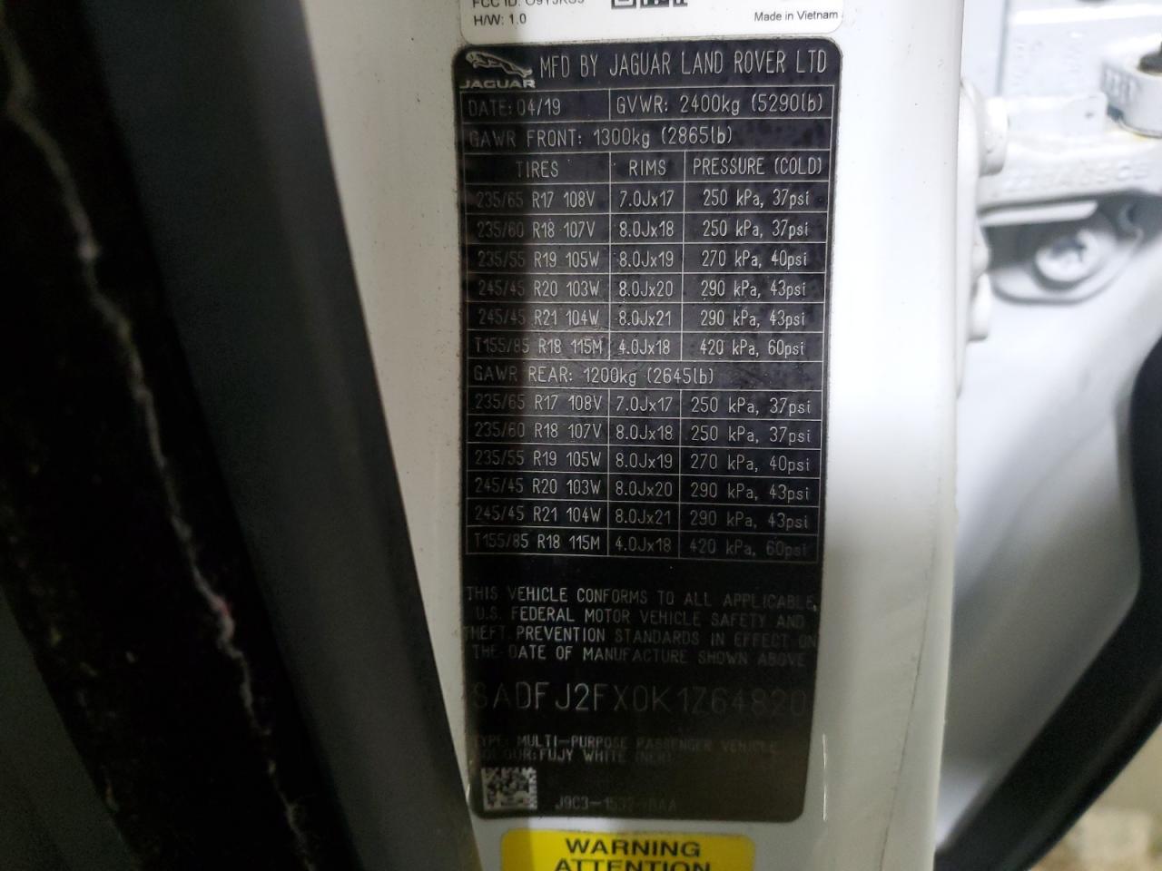 2019 Jaguar E-Pace S VIN: SADFJ2FX0K1Z64820 Lot: 91085695