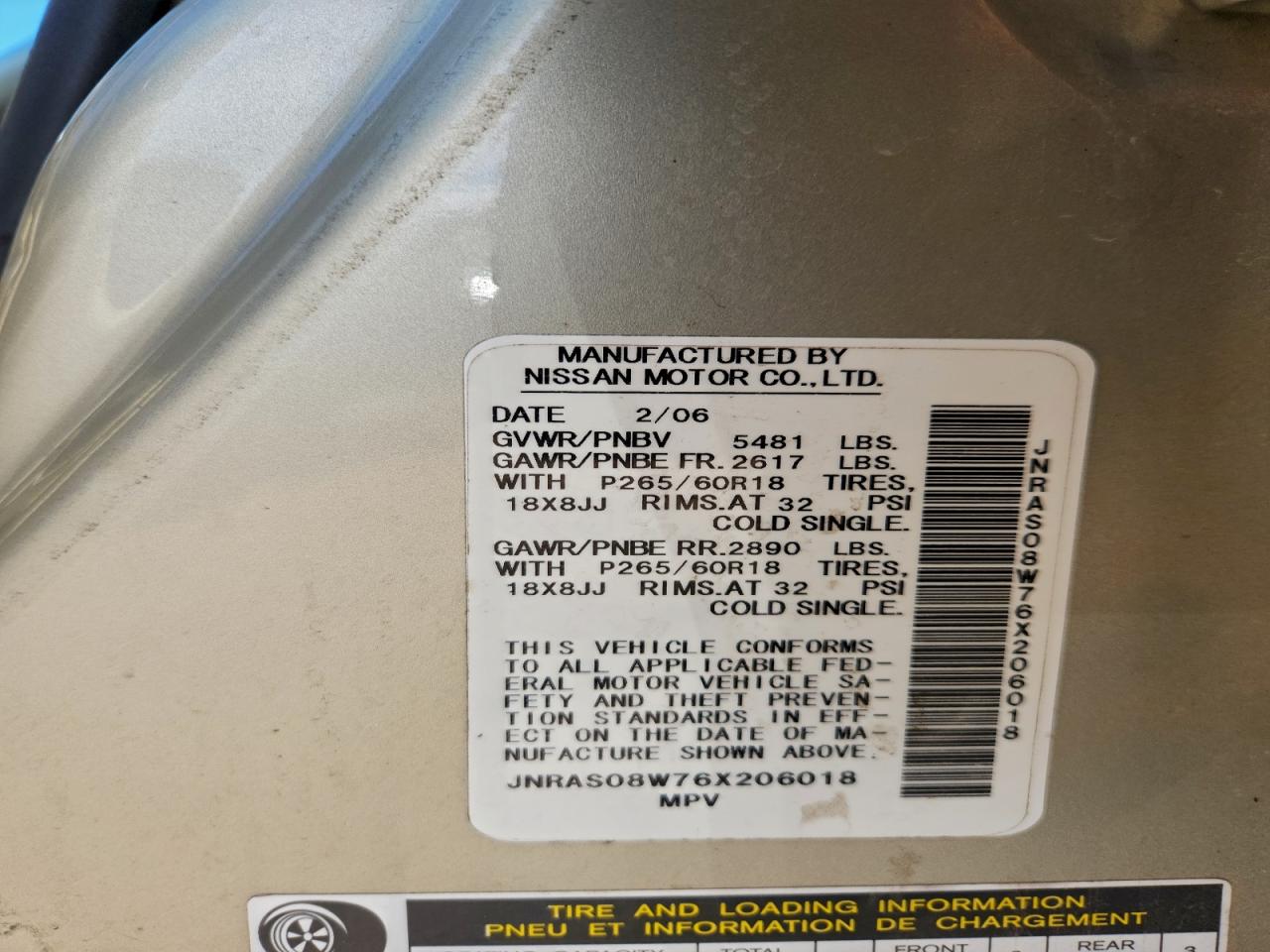 2006 Infiniti Fx35 VIN: JNRAS08W76X206018 Lot: 93248845