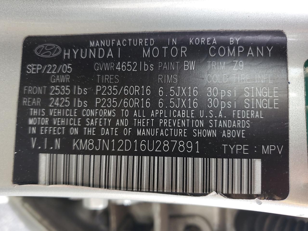 2006 Hyundai Tucson Gls VIN: KM8JN12D16U287891 Lot: 91731635