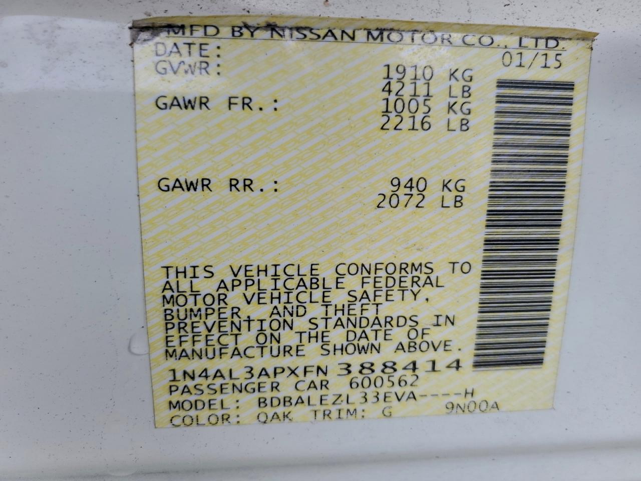 2015 Nissan Altima 2.5 VIN: 1N4AL3APXFN388414 Lot: 94232795