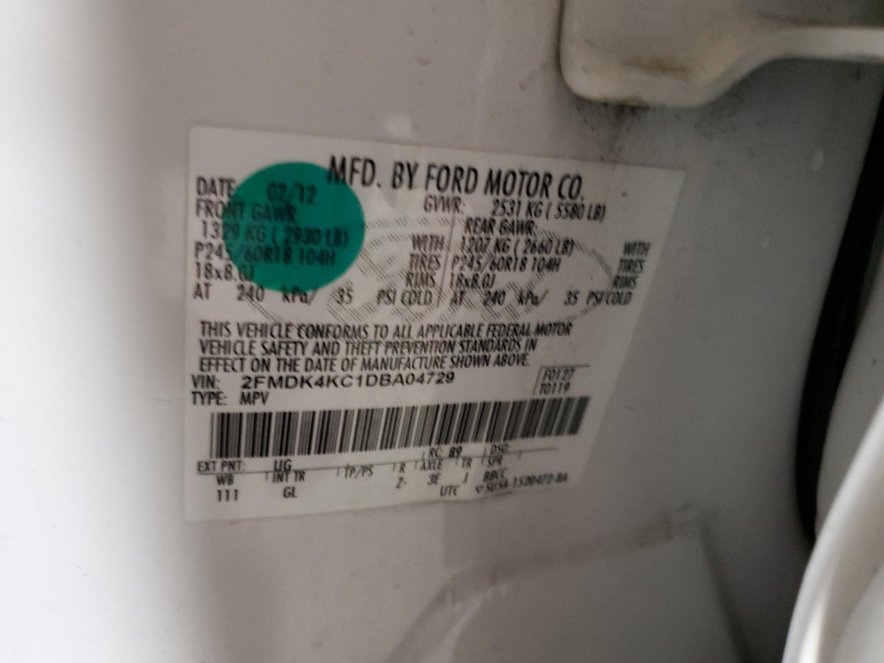 2013 Ford Edge Limited VIN: 2FMDK4KC1DBA04729 Lot: 92886145