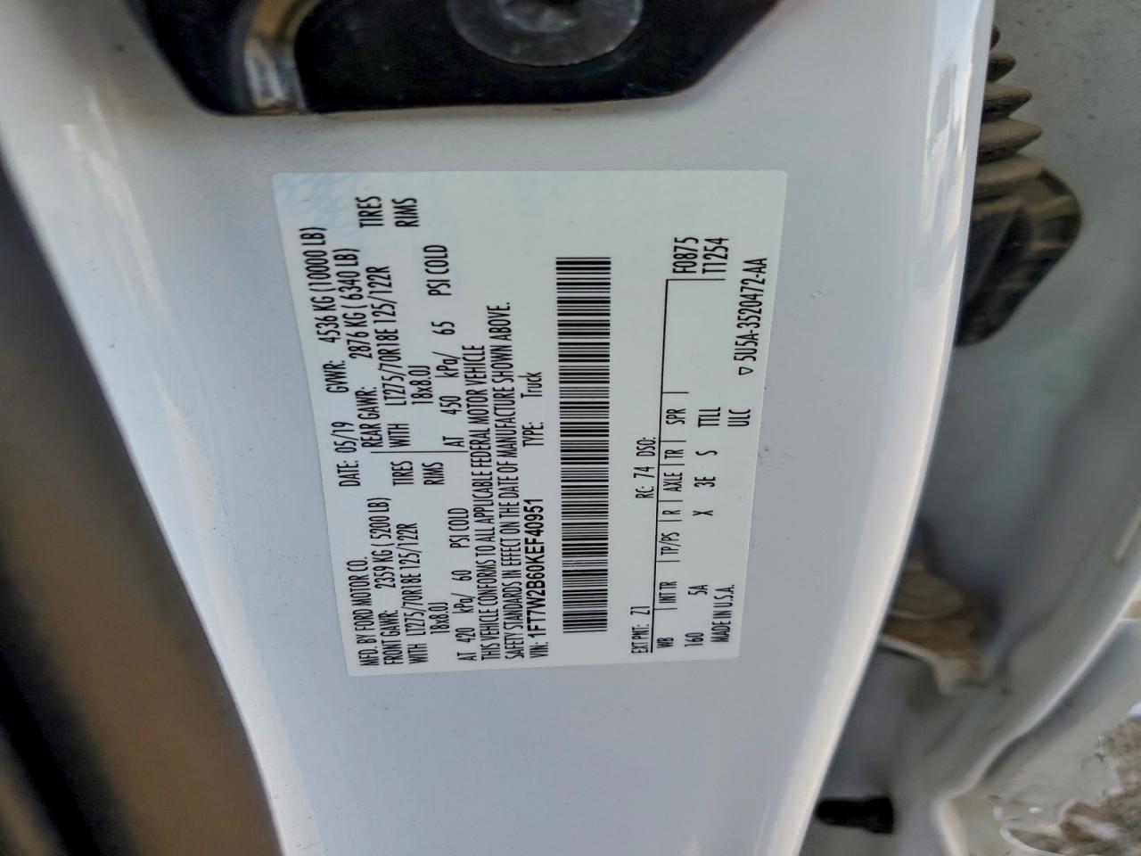 2019 Ford F250 Super Duty VIN: 1FT7W2B60KEF40951 Lot: 94335255