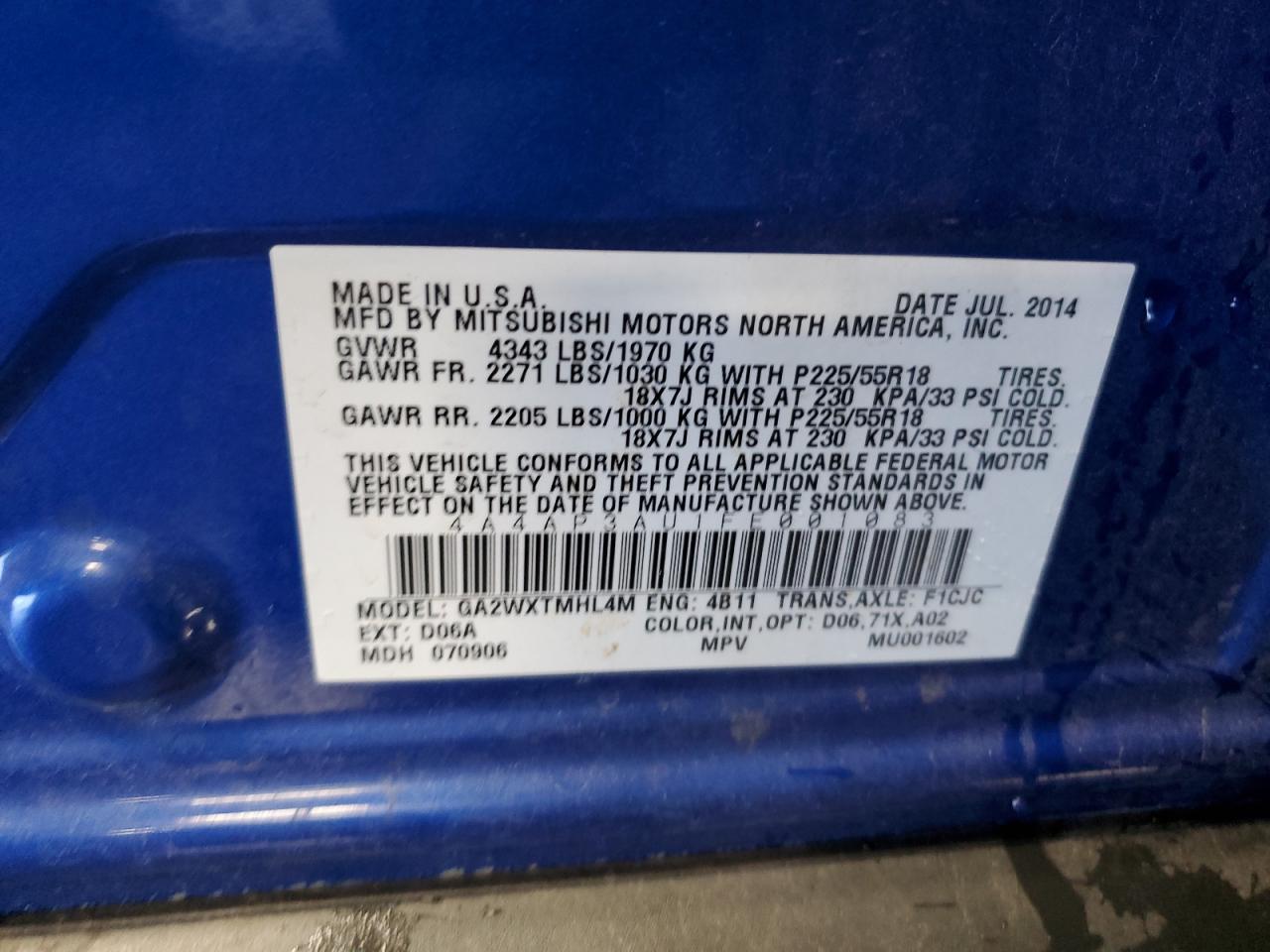 2015 Mitsubishi Outlander Sport Es VIN: 4A4AP3AU1FE001083 Lot: 91732935