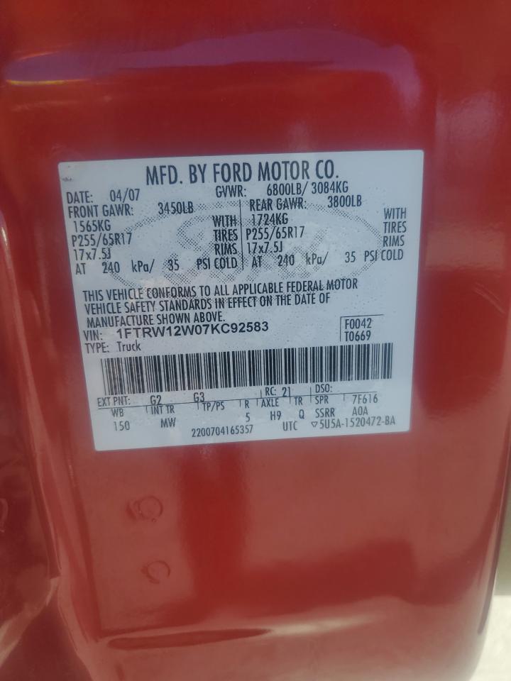 2007 Ford F150 Supercrew VIN: 1FTRW12W07KC92583 Lot: 93389695