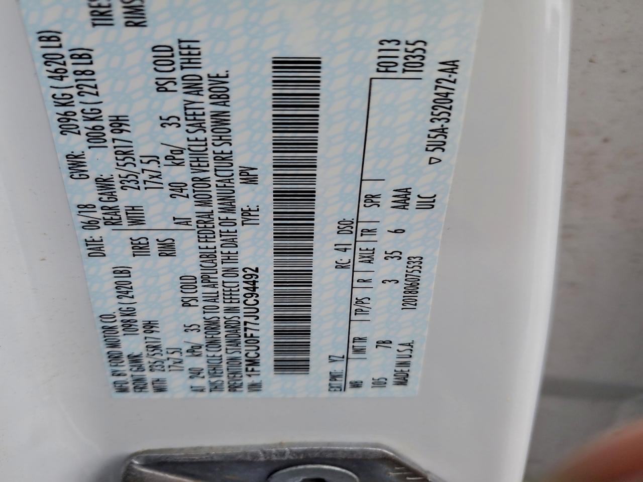 2018 Ford Escape S VIN: 1FMCU0F77JUC94492 Lot: 94057715