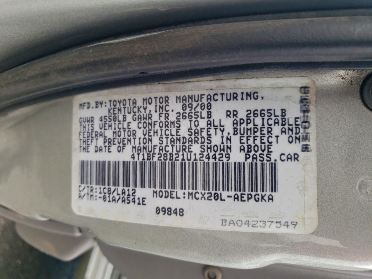 2001 Toyota Avalon Xl VIN: 4T1BF28B21U124429 Lot: 93612445