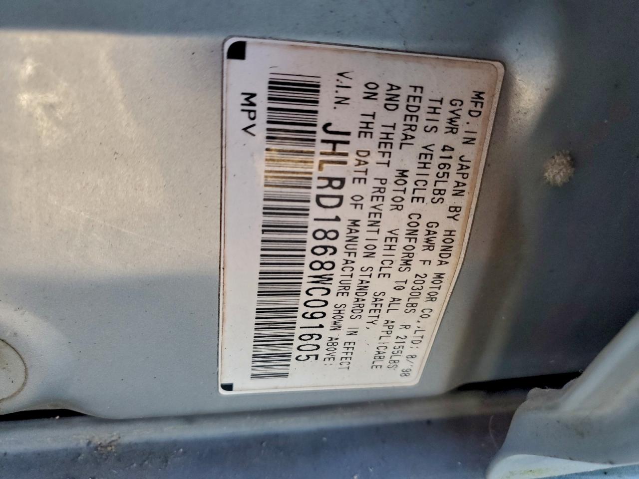 1998 Honda Cr-V Ex VIN: JHLRD1868WC091605 Lot: 93807735