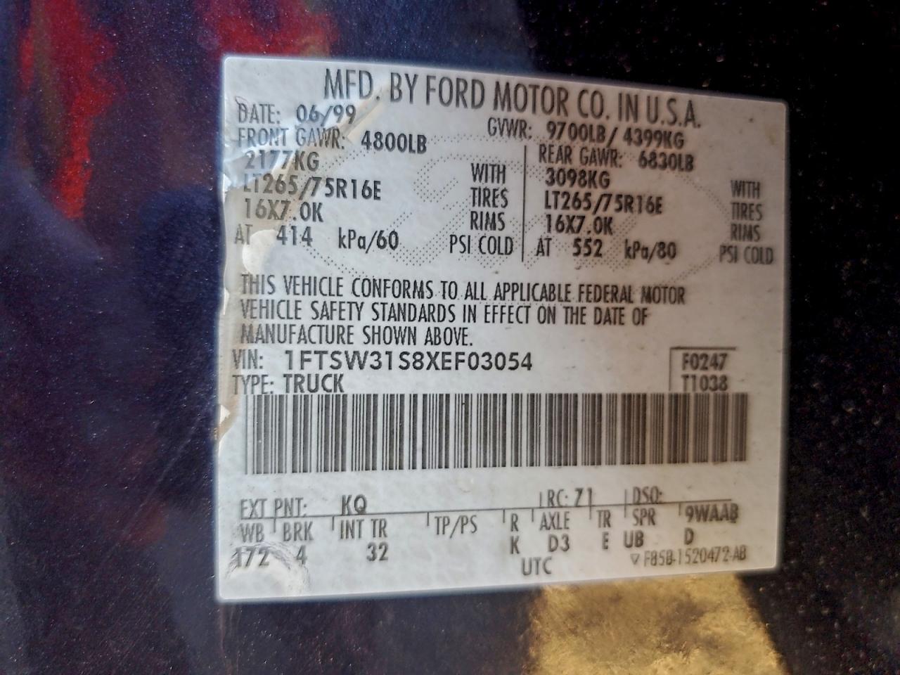 1999 Ford F350 Srw Super Duty VIN: 1FTSW31S8XEF03054 Lot: 94382265