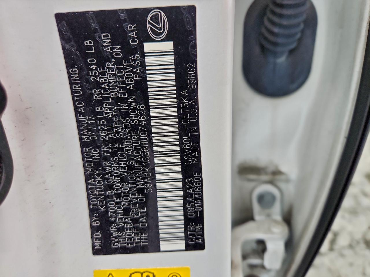 2017 Lexus Es 350 VIN: 58ABK1GG8HU074626 Lot: 92495785