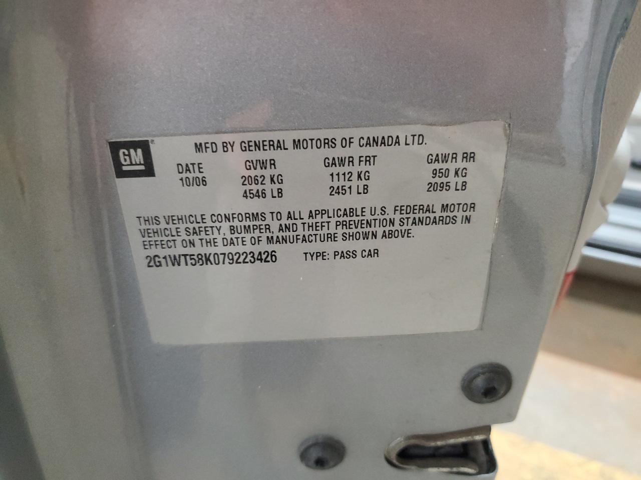 2007 Chevrolet Impala Lt VIN: 2G1WT58K079223426 Lot: 92161115