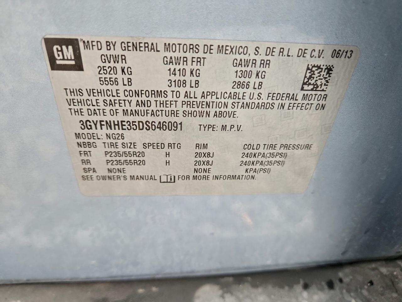 2013 Cadillac Srx Performance Collection VIN: 3GYFNHE35DS646091 Lot: 93965765