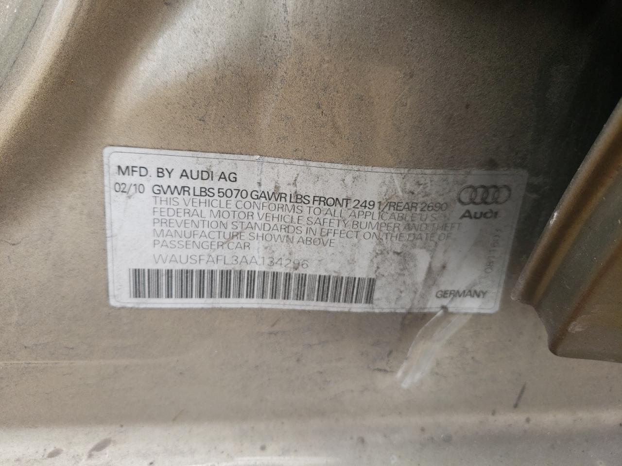 2010 Audi A4 Premium VIN: WAUSFAFL3AA134296 Lot: 90934205