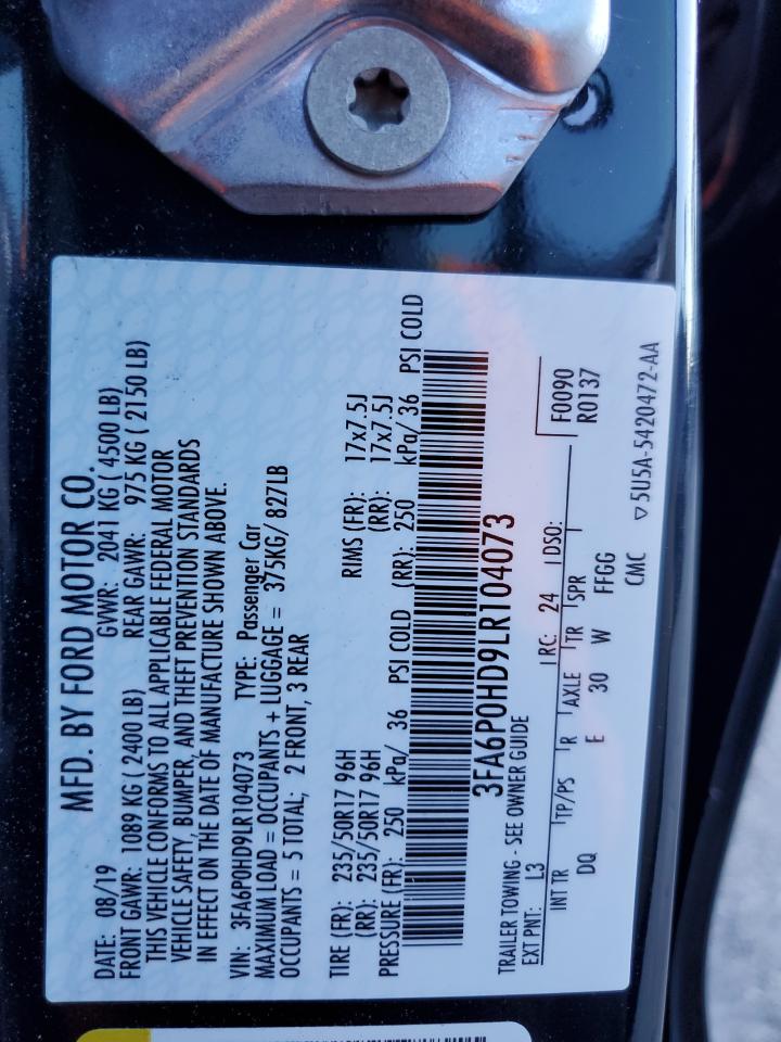 2020 Ford Fusion Se VIN: 3FA6P0HD9LR104073 Lot: 92117845