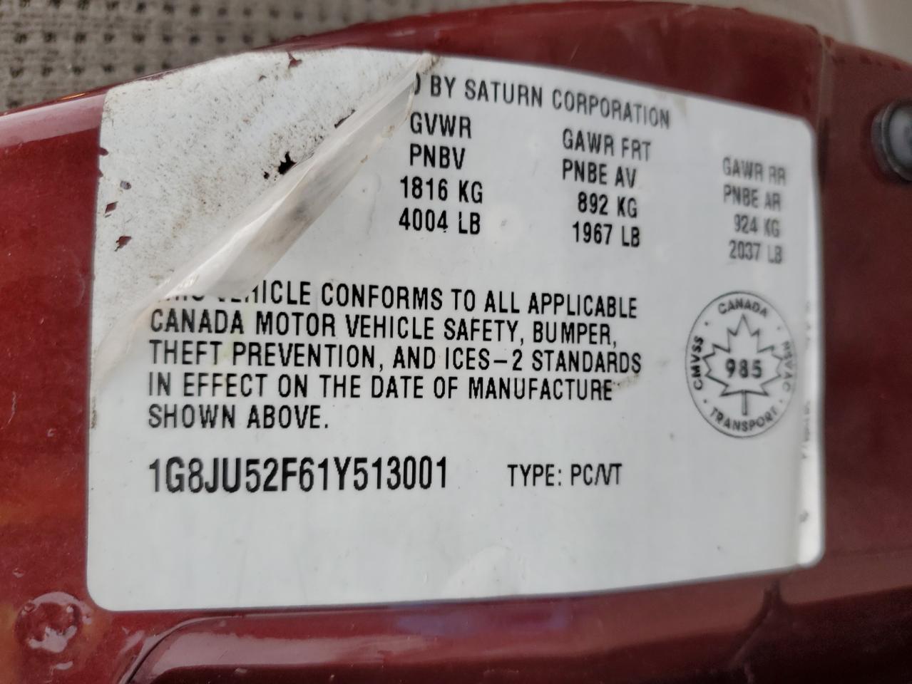 2001 Saturn L200 VIN: 1G8JU52F61Y513001 Lot: 90427985