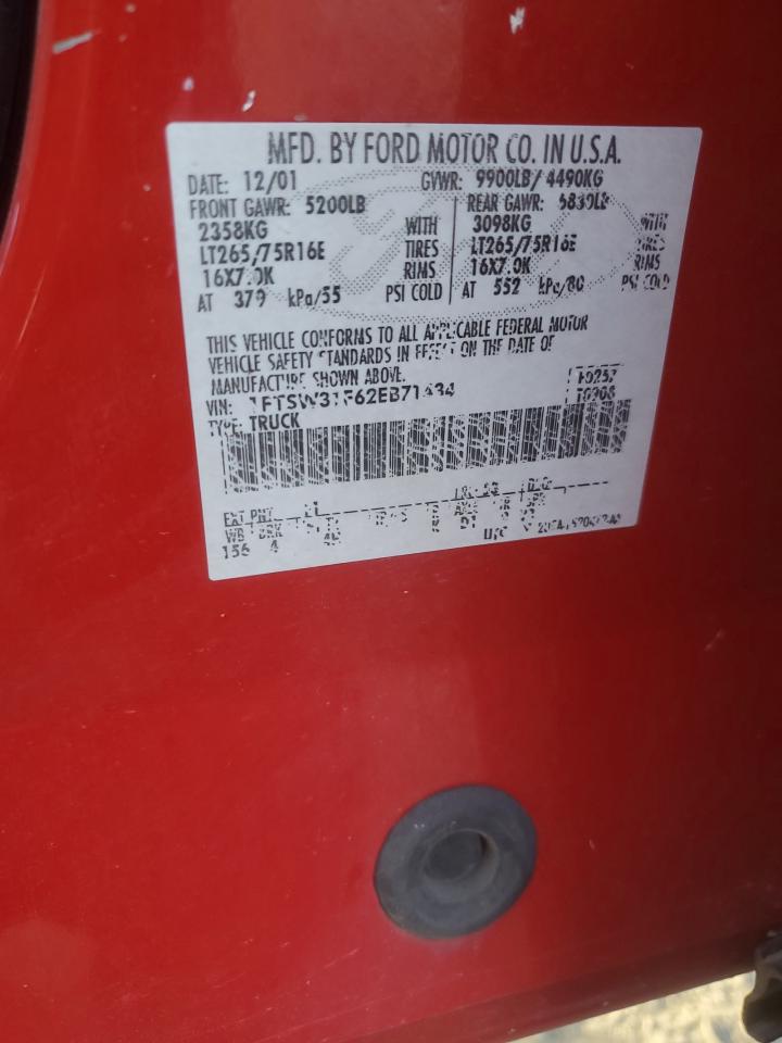 2002 Ford F350 Srw Super Duty VIN: 1FTSW31F62EB71434 Lot: 90595165