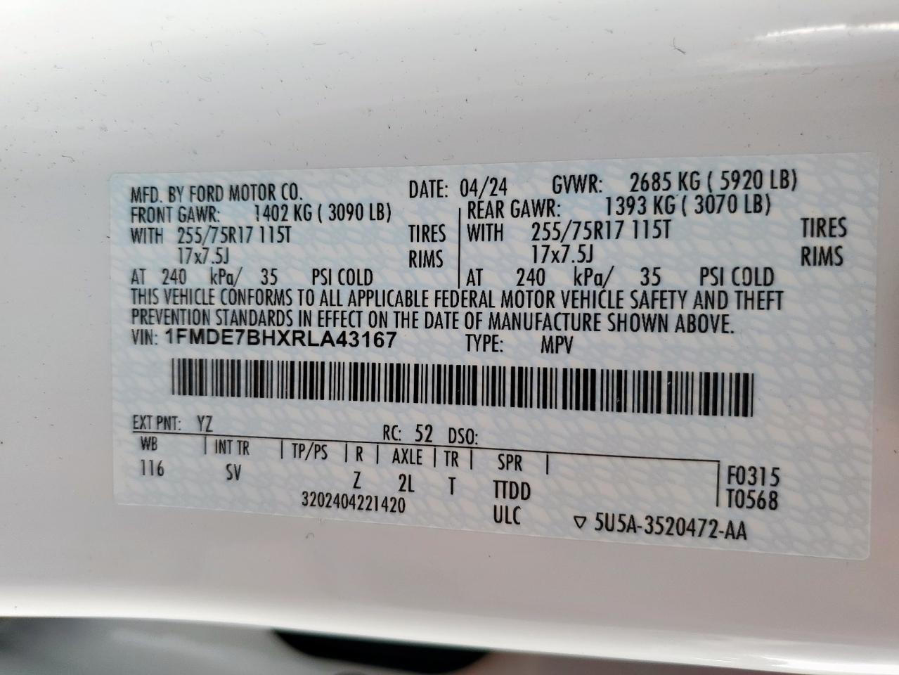 2024 Ford Bronco Big Bend VIN: 1FMDE7BHXRLA43167 Lot: 93279925