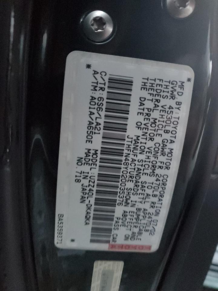 2002 Lexus Sc 430 VIN: JTHFN48Y020035376 Lot: 91836855