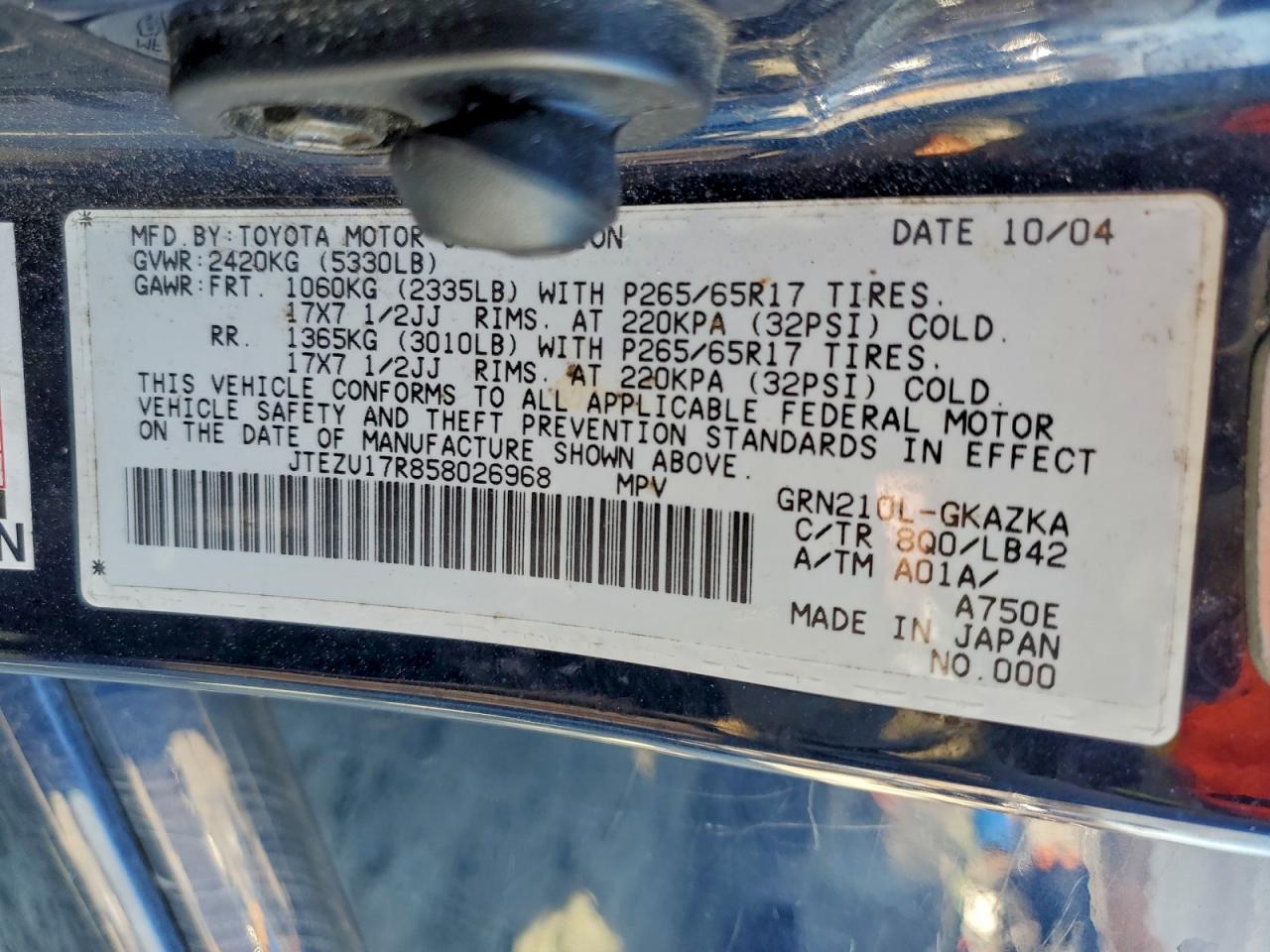 2005 Toyota 4Runner Limited VIN: JTEZU17R858026968 Lot: 94106885