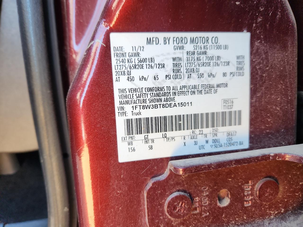 2013 Ford F350 Super Duty VIN: 1FT8W3BT8DEA15011 Lot: 91942785