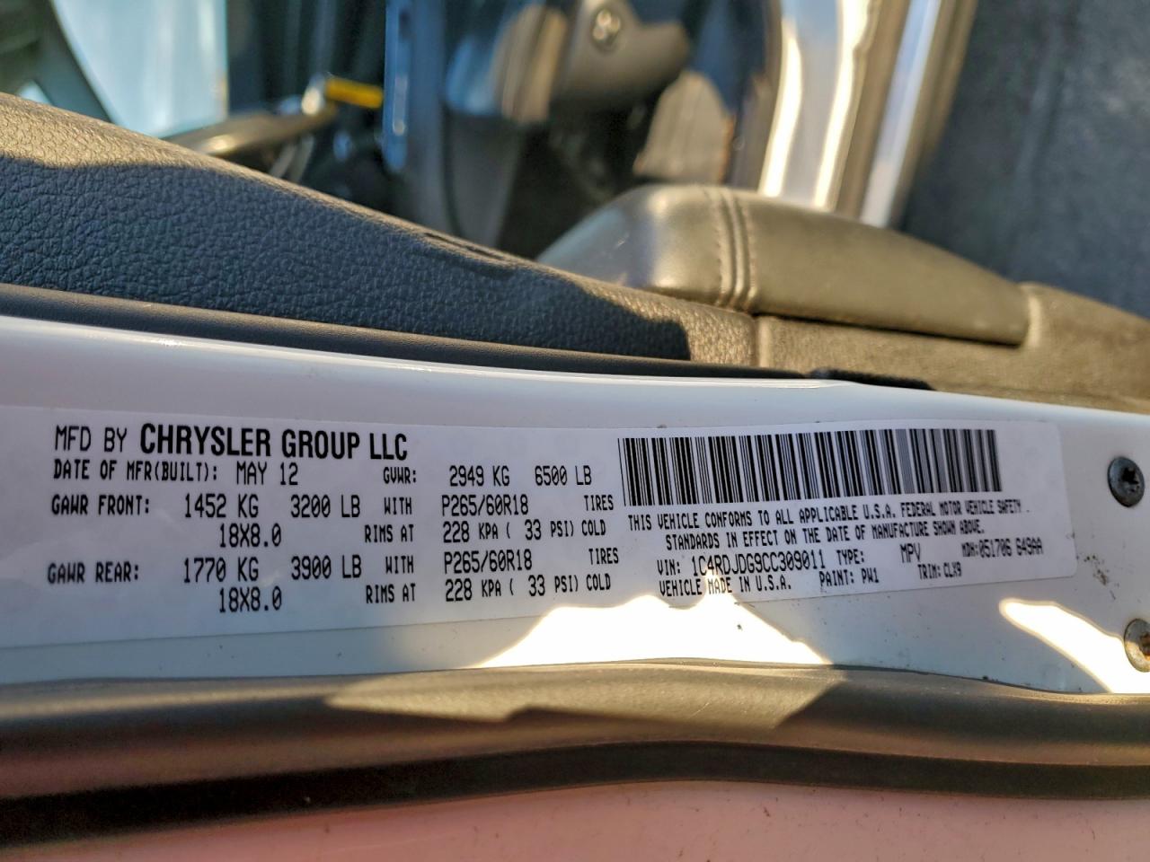 2012 Dodge Durango Crew VIN: 1C4RDJDG9CC309011 Lot: 93741605