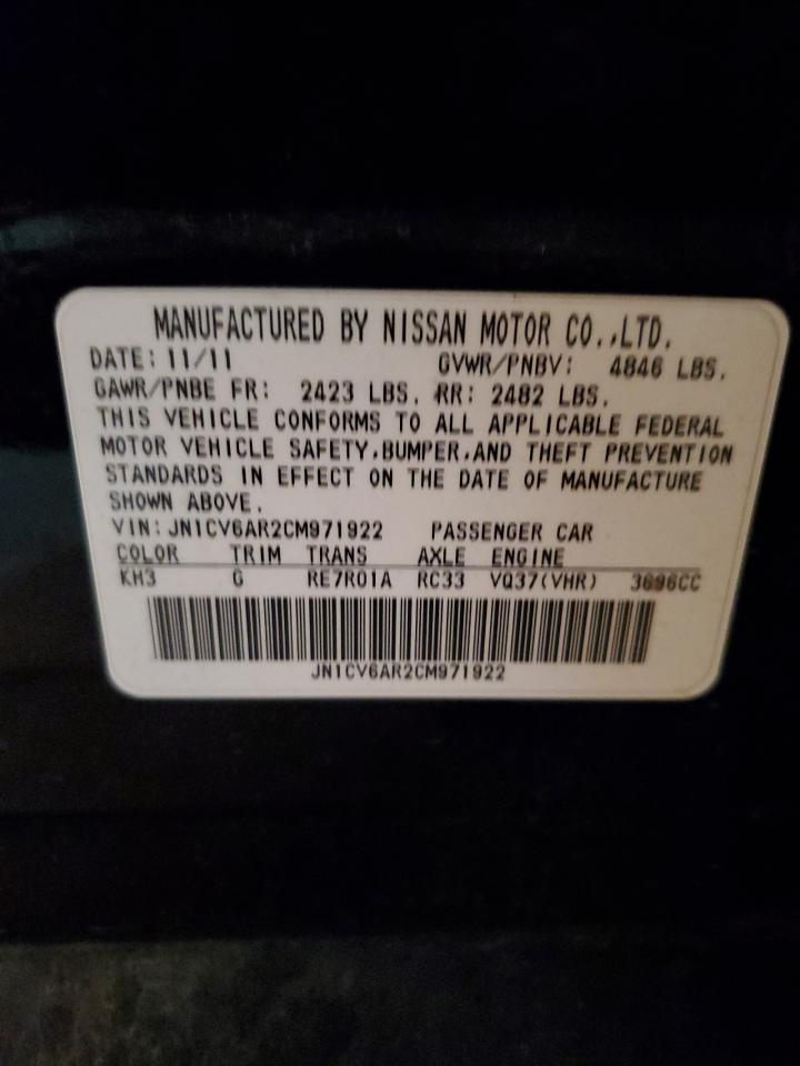 2012 Infiniti G37 VIN: JN1CV6AR2CM971922 Lot: 91966895