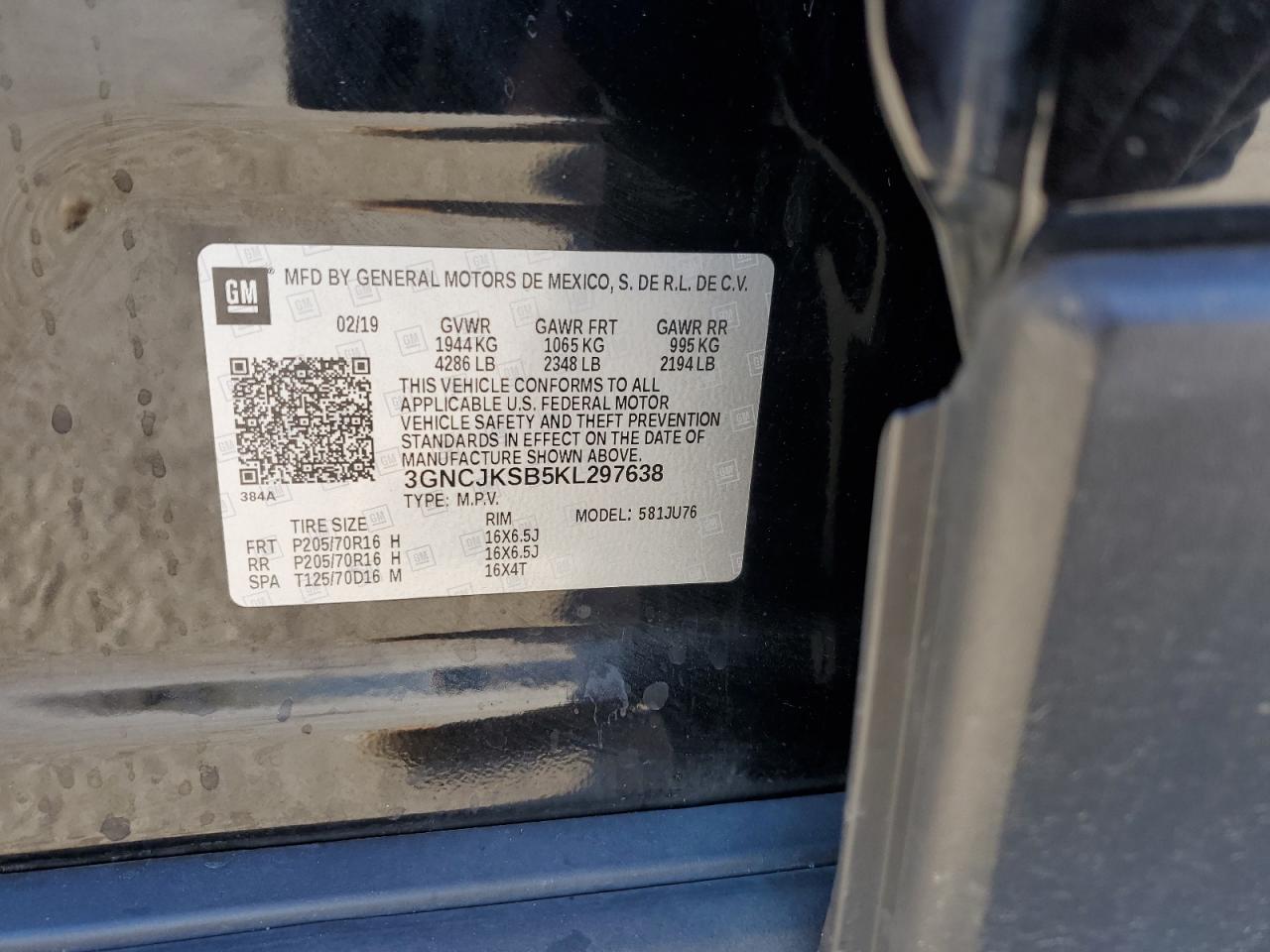 2019 Chevrolet Trax Ls VIN: 3GNCJKSB5KL297638 Lot: 90827375