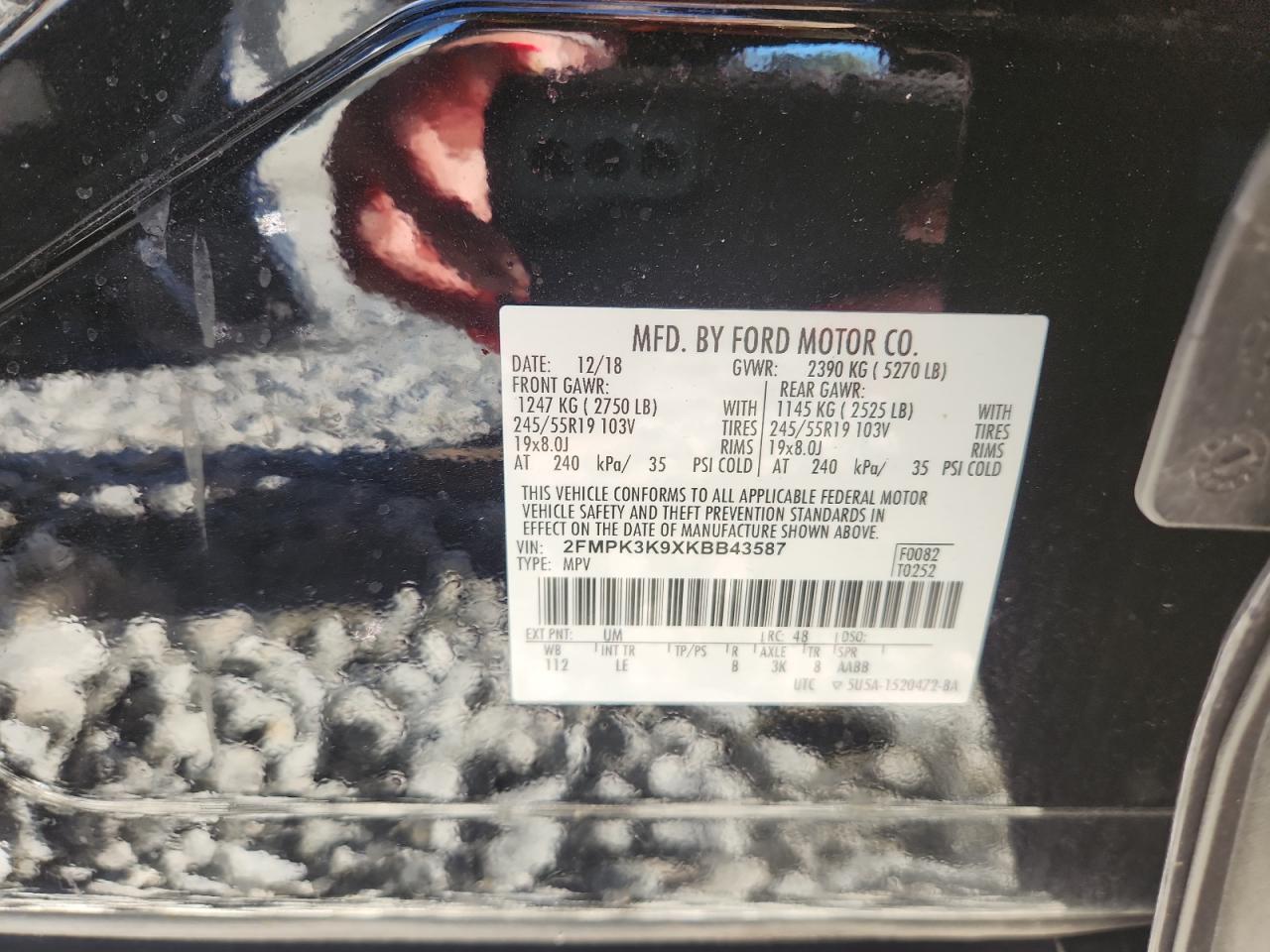 2019 Ford Edge Titanium VIN: 2FMPK3K9XKBB43587 Lot: 91509175