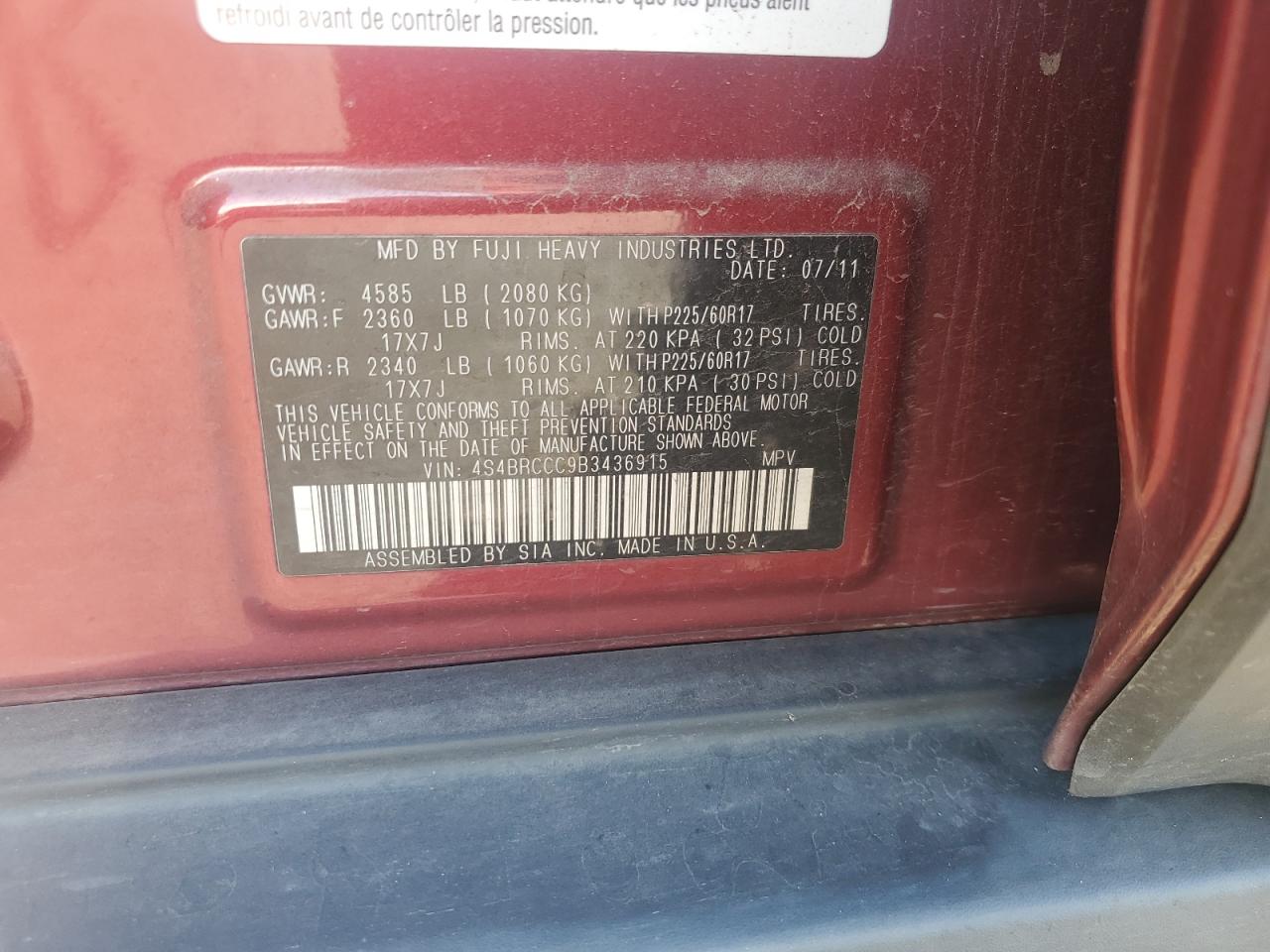 2011 Subaru Outback 2.5I Premium VIN: 4S4BRCCC9B3436915 Lot: 93116305