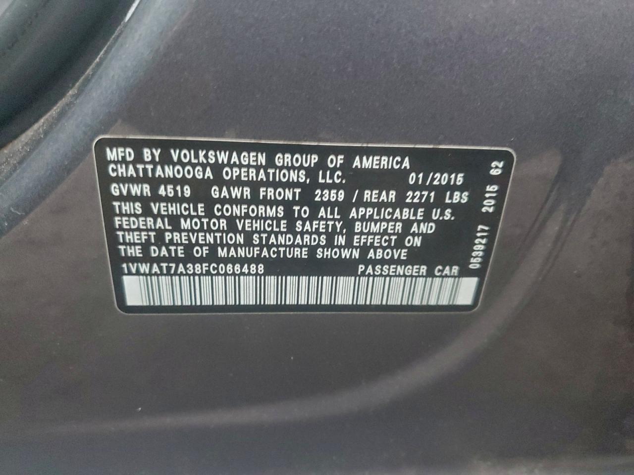 2015 Volkswagen Passat S VIN: 1VWAT7A38FC066488 Lot: 94294655