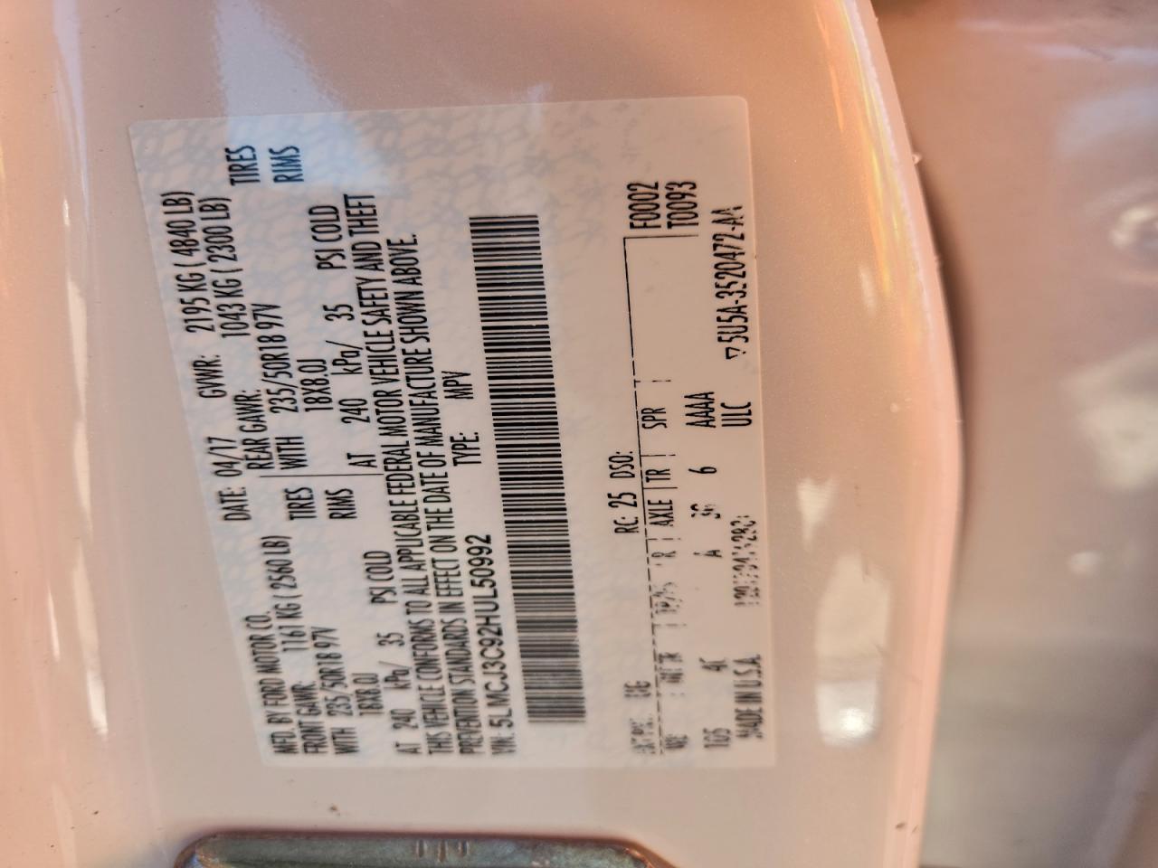 2017 Lincoln Mkc Reserve VIN: 5LMCJ3C92HUL50992 Lot: 94230925