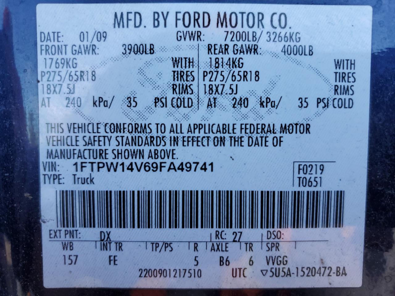 2009 Ford F150 Supercrew VIN: 1FTPW14V69FA49741 Lot: 91234785