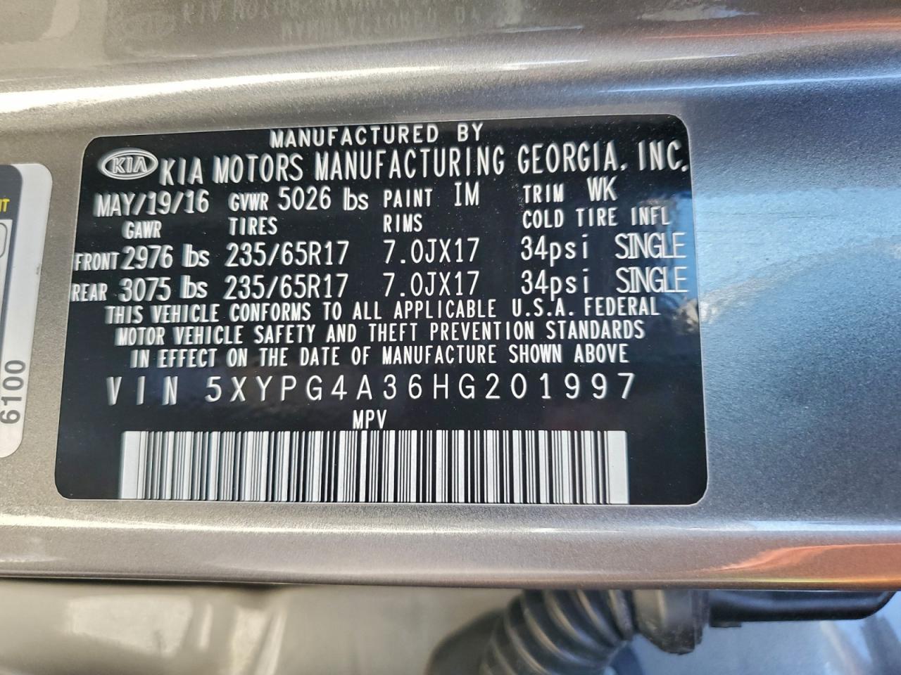 2017 Kia Sorento Lx VIN: 5XYPG4A36HG201997 Lot: 94707795