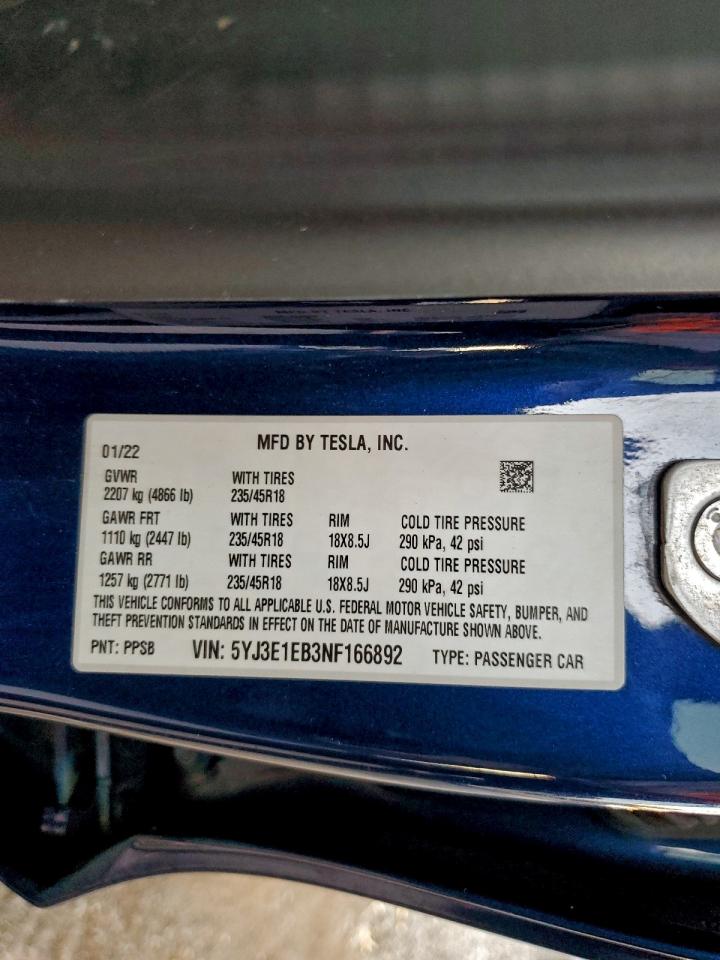 2022 Tesla Model 3 VIN: 5YJ3E1EB3NF166892 Lot: 94601485