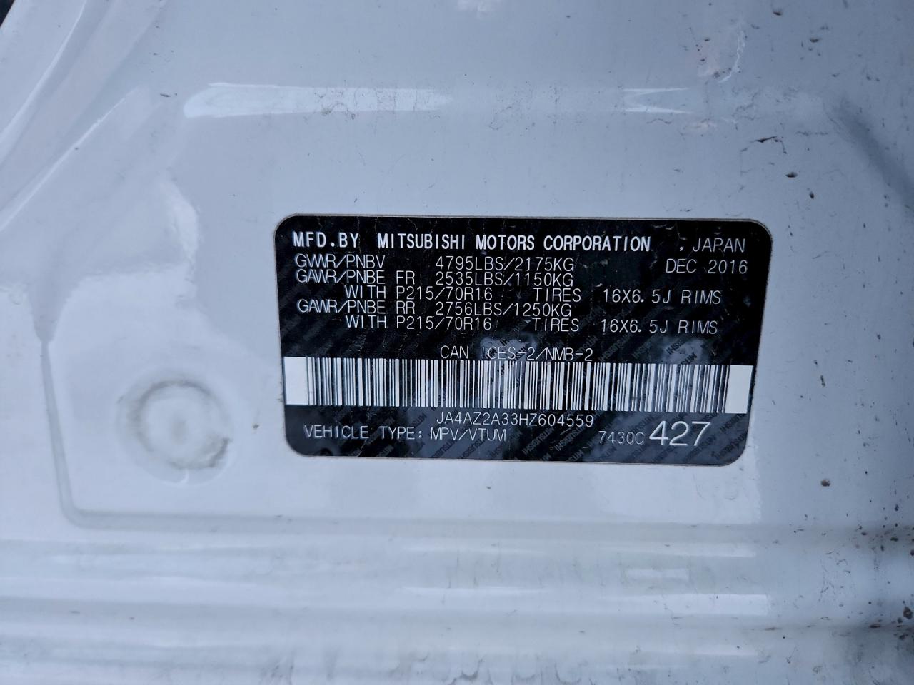 2017 Mitsubishi Outlander Es VIN: JA4AZ2A33HZ604559 Lot: 94311255