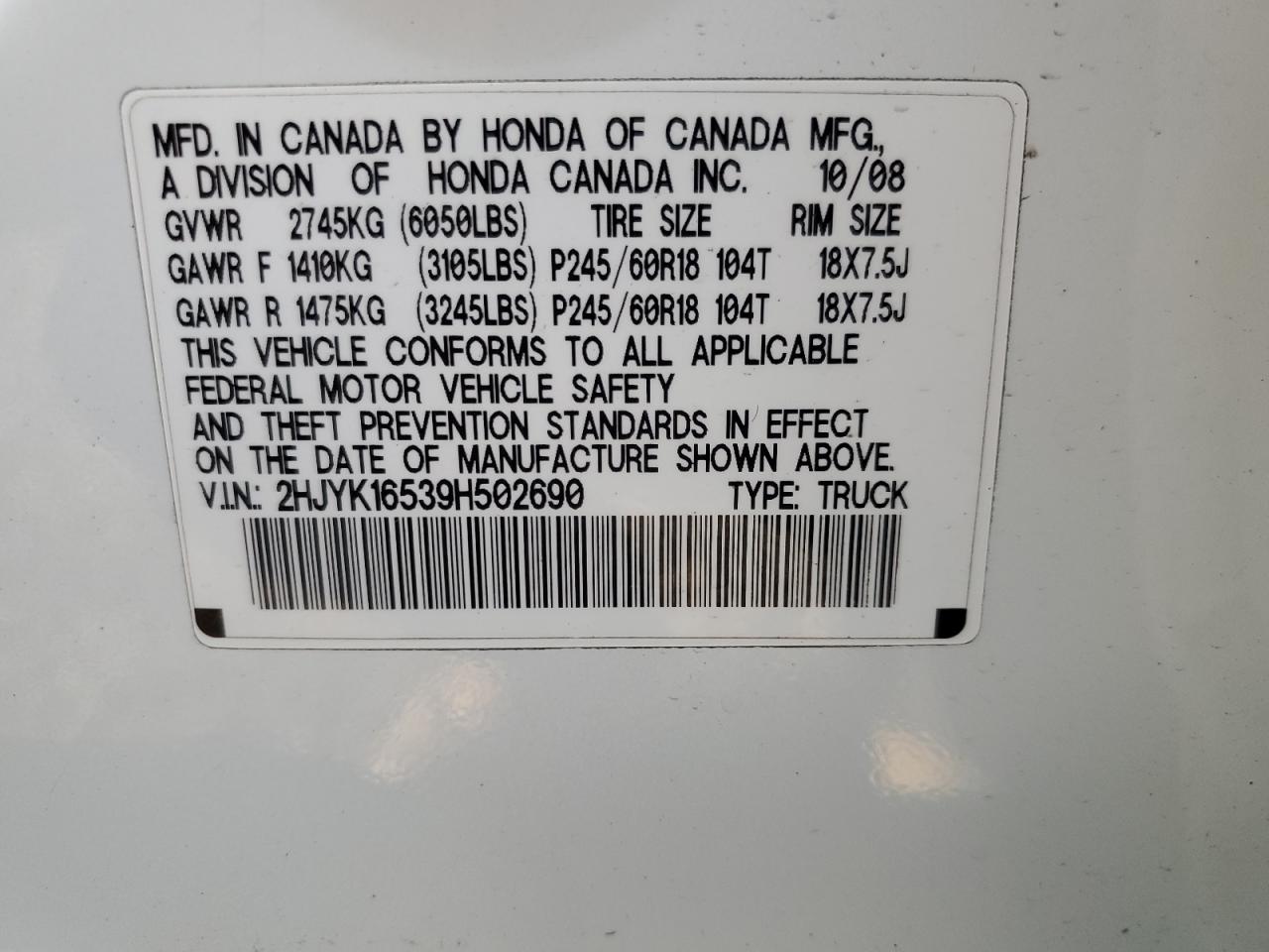 2009 Honda Ridgeline Rtl VIN: 2HJYK16539H502690 Lot: 93682815
