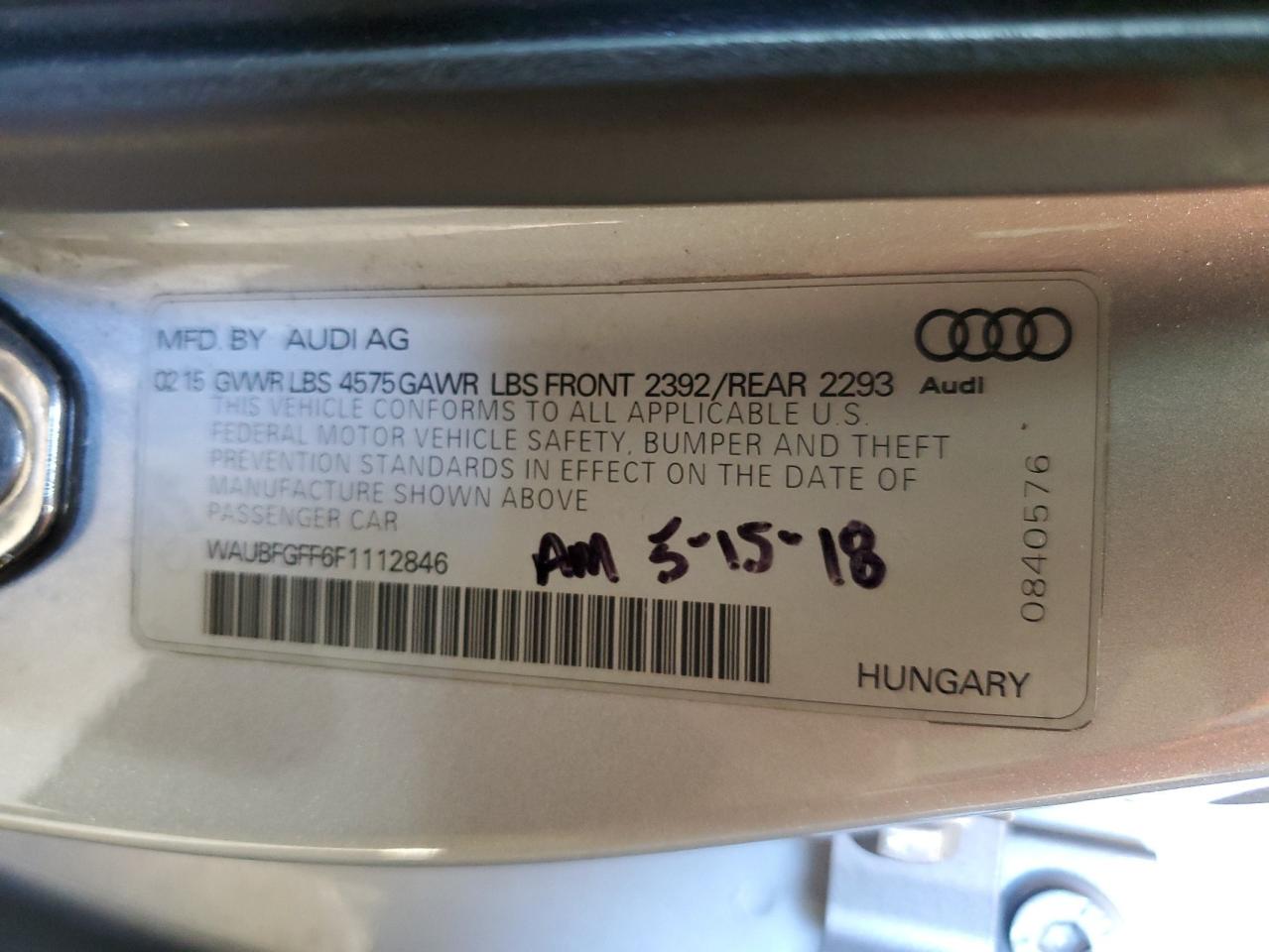 2015 Audi A3 Premium VIN: WAUBFGFF6F1112846 Lot: 91528255